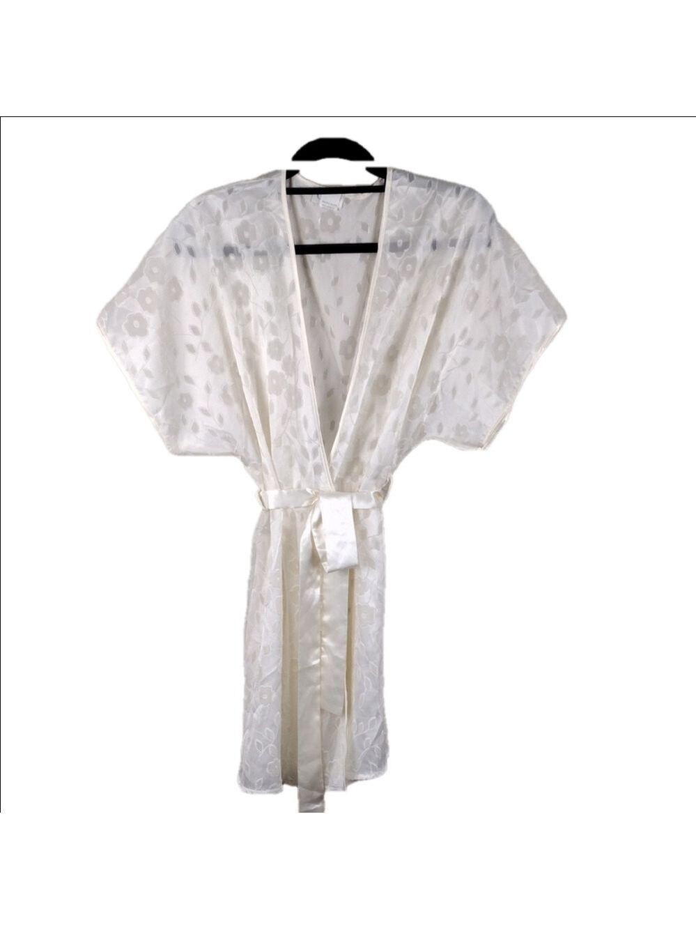 Cinema Etoile Cream Sheer Floral Pattern Short Sleeve Open Front Elegant Robe